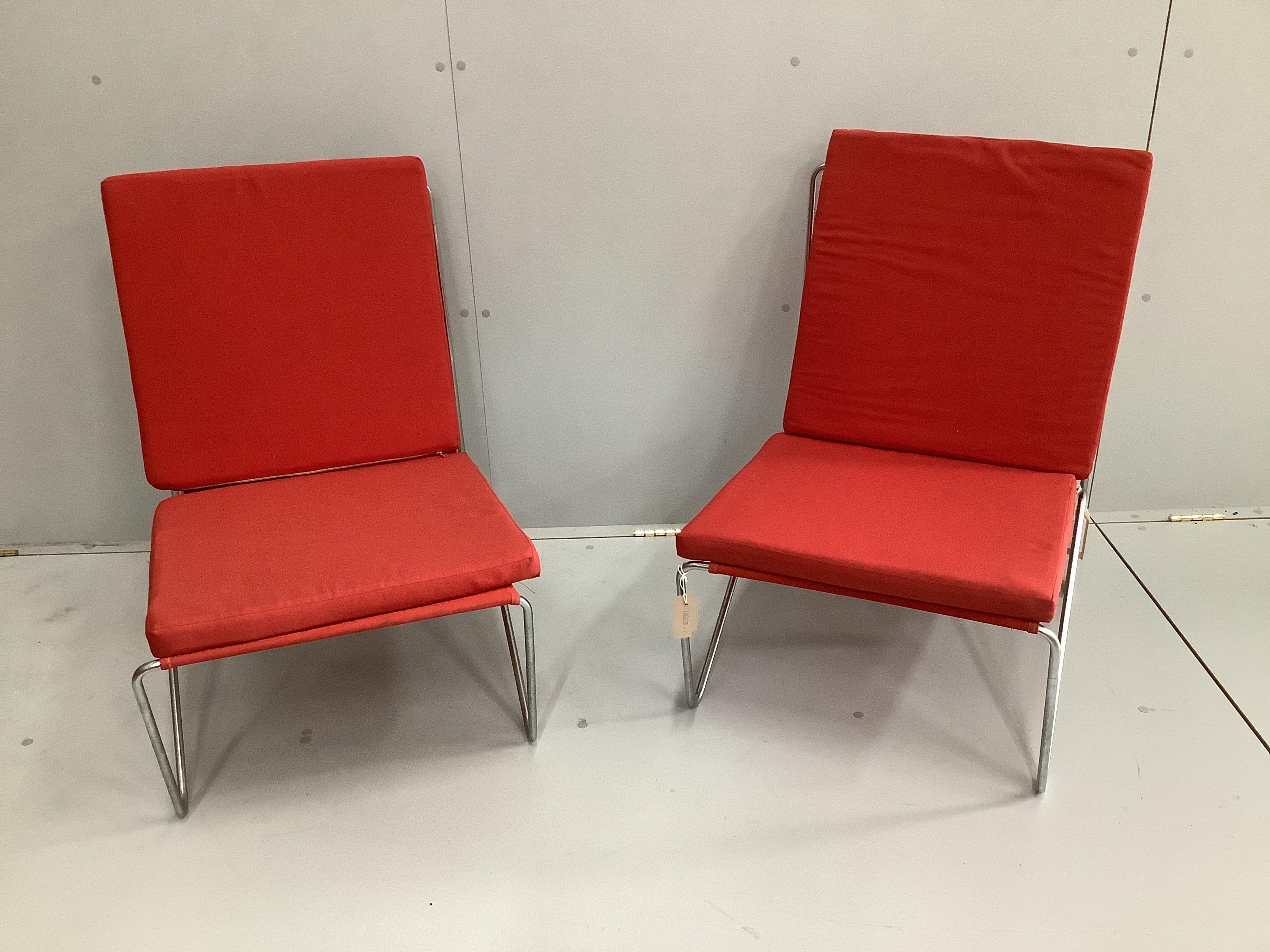 Two Danish chrome steel and red canvas Bachelor chairs (model VP-04-H201-C), each with two cushions by Verner Panton, width 50cm, depth 72cm, height 77cm - these were purchased in Frankfurt, 1965